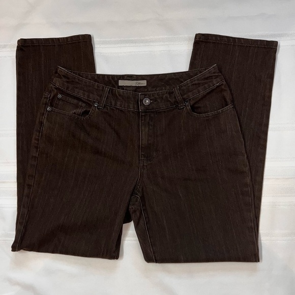 Chicos Platinum Jeans Ultimate Fit‎ Slim Leg Brown Sz 1(8) Short EUC - Picture 1 of 8